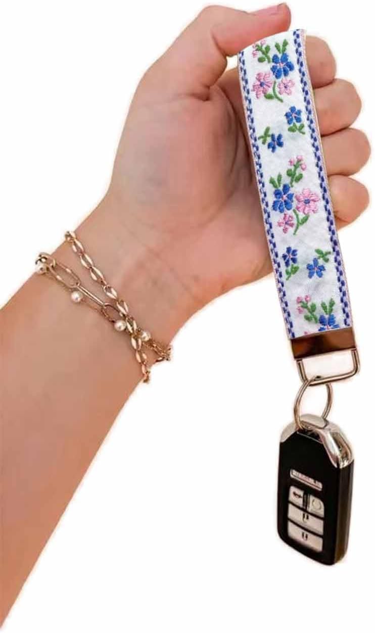 BattleTim Floral Embroidered Fabric Keychain Wristlet Key Fob Keychain Car Key Chain Holder Handmade Wristband for Women - Image 2